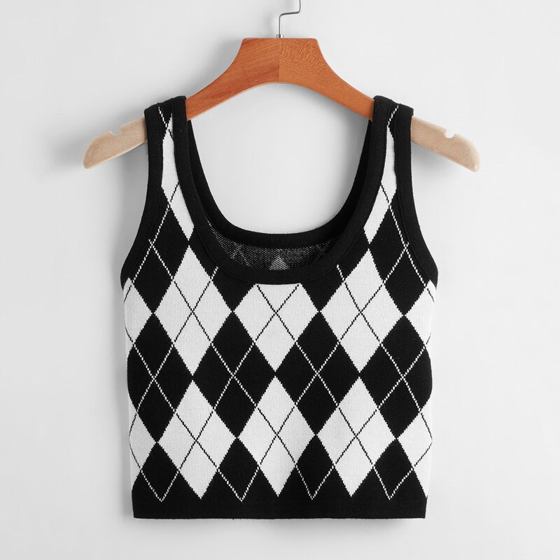 

Argyle Pattern Knit Top, Black and white