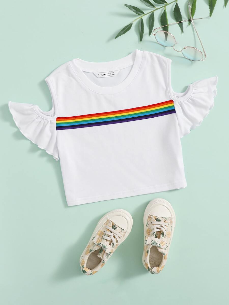 SHEIN Tops de niñas Volante Rayas irisadas Casual - Blanco - Ver 1