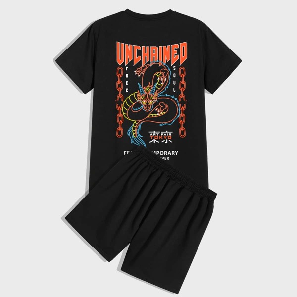 

Men Chinese Dragon & Letter Graphic Tee With Shorts, Black