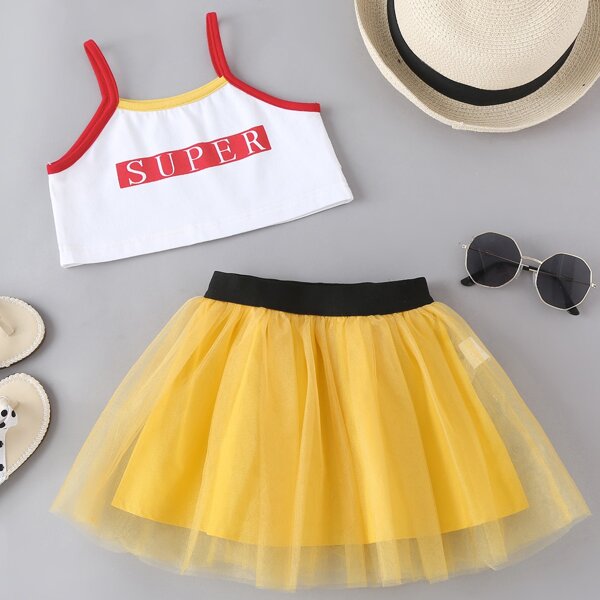 

Baby Girl Letter Graphic Crop Cami Top & Mesh Skirt, Multicolor