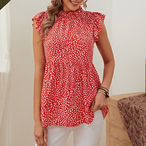 

Allover Print Frill Mock Neck Butterfly Sleeve Peplum Top, Multicolor
