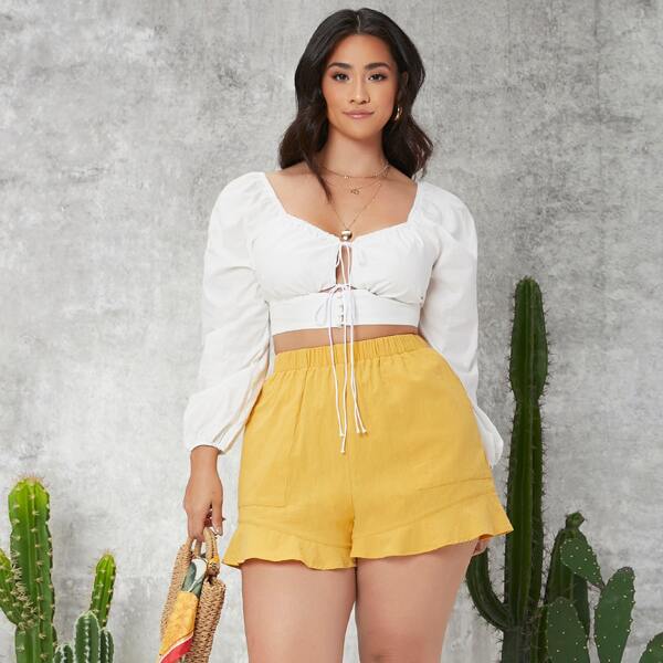 

Plus Elastic Waist Ruffle Hem Shorts, Yellow