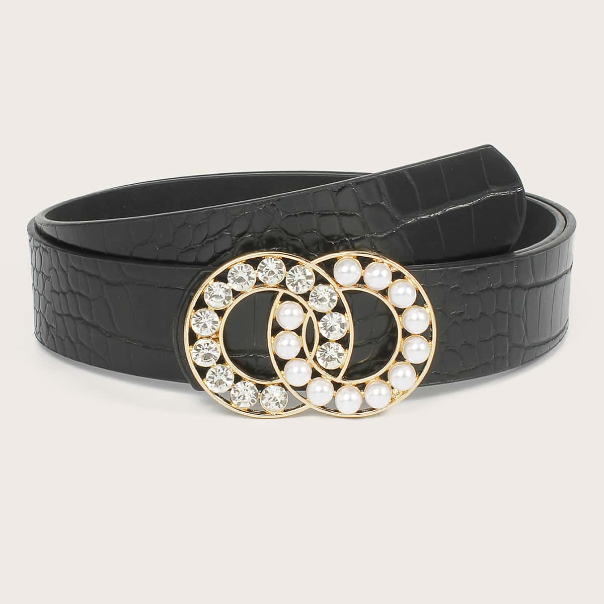 

Faux Pearl & Rhinestone Buckle Belt, Black