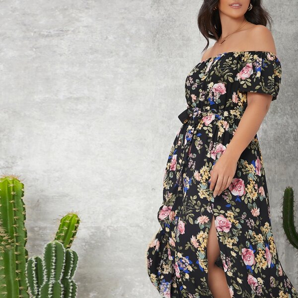 

Plus Off Shoulder Self Belted Split Thigh Floral Dress, Multicolor