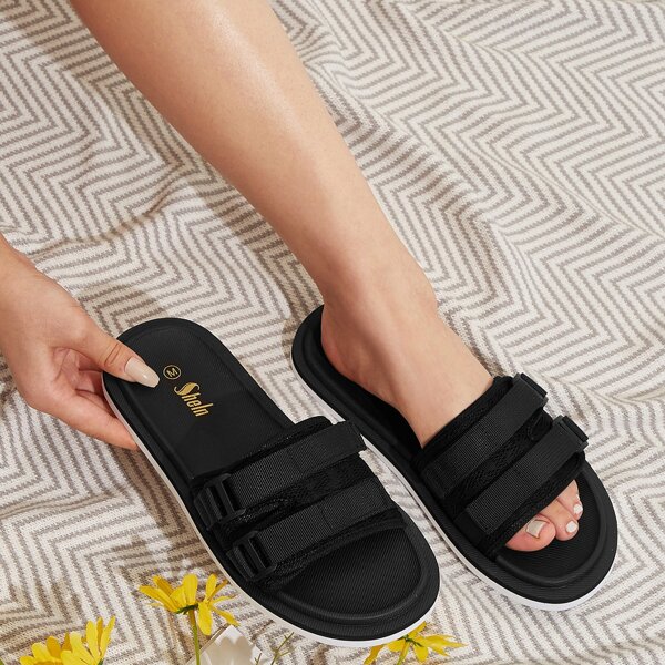 

Double Velcro Strap Design Slides, Black