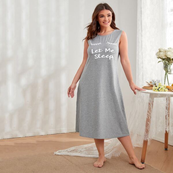 

Plus Slogan Graphic Night Dress, Grey