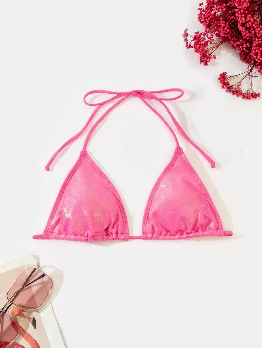 Swim Mod Summer Metallic Triangle Bikini Top - Hot Pink - View 1
