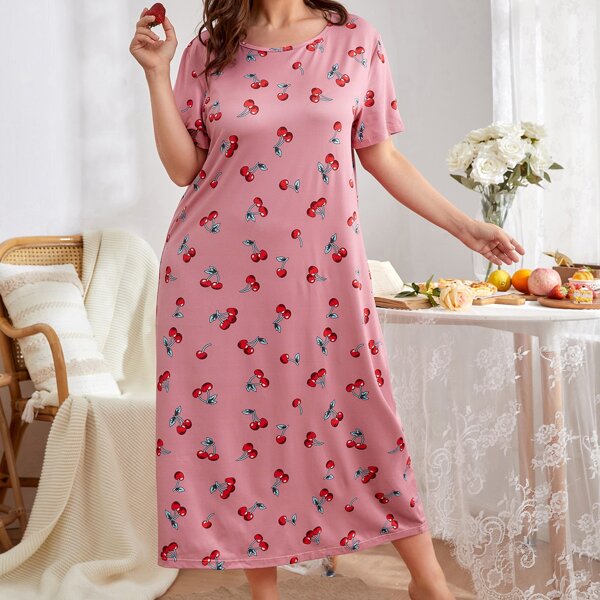 

Plus Cherry Print Night Dress, Dusty pink