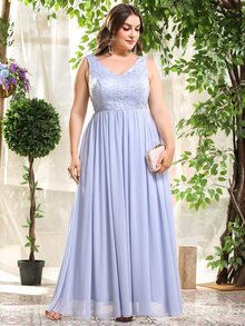 Vestido De Malla Bordado Floral En Talla Grande - Celeste - Ver 4