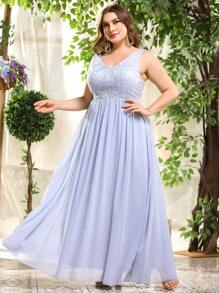 Vestido De Malla Bordado Floral En Talla Grande - Celeste - Ver 5