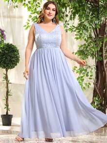 Vestido De Malla Bordado Floral En Talla Grande - Celeste - Ver 7