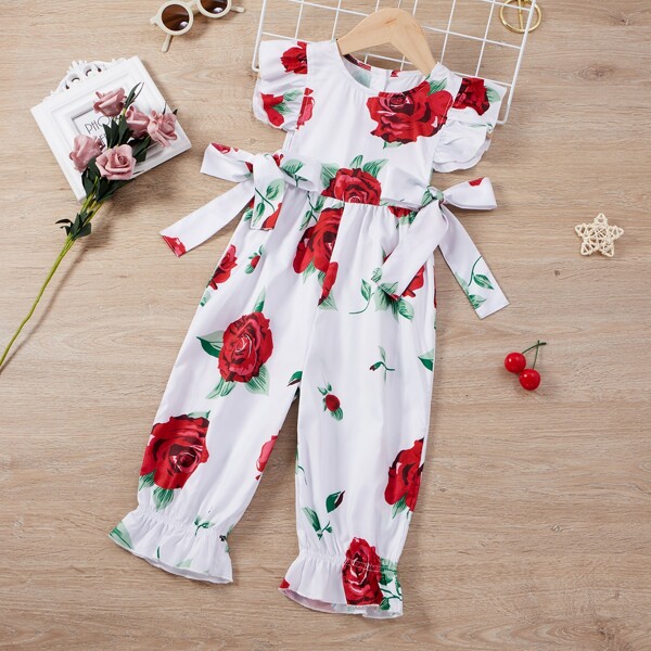 

Toddler Girls Floral Ruffle Trim Bow Jumpsuit, Red and white