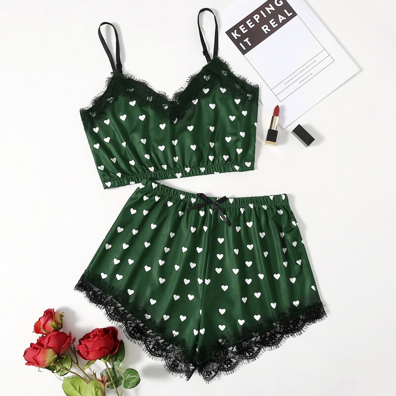 

Heart Print Contrast Lace Pajama Set, Dark green