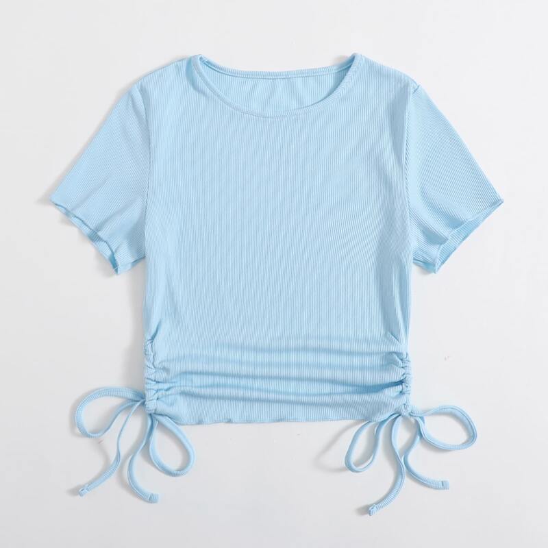 

Solid Drawstring Ruched Ribbed Tee, Baby blue