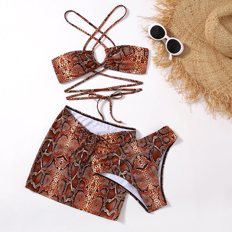 

3pack Snakeskin Bikini Swimsuit With Beach Skirt, Multicolor