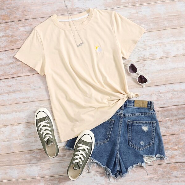 

Sun Embroidery Crew Neck Tee, Apricot