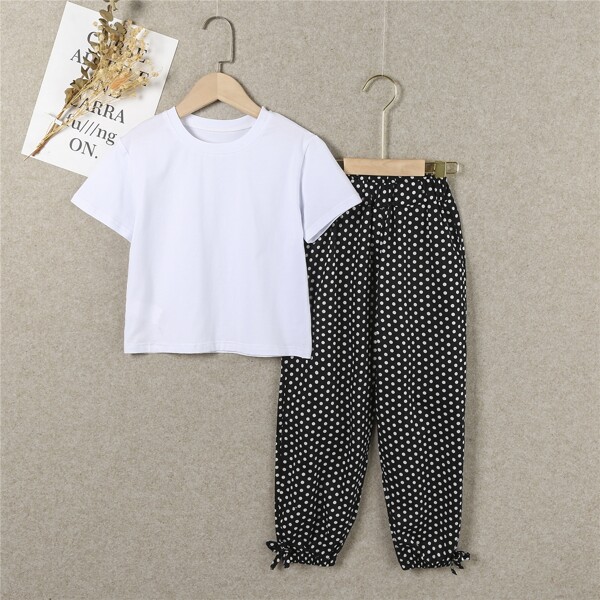

Girls Solid Tee With Polka Dot Pants, Black and white