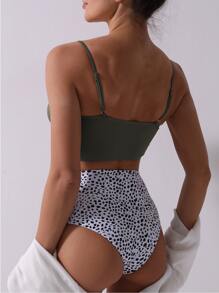 Conjunto de bikini con escote en V estampado dálmata para vacaciones de verano en la playa - Verde - Ver 2