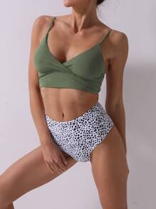 Conjunto de bikini con escote en V estampado dálmata para vacaciones de verano en la playa - Verde - Ver 4