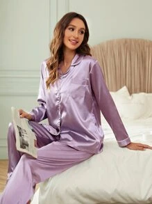撞色滚边纽扣上衣和裤子缎面睡衣套装，秋冬舒适优雅细节 - 淡紫色 - 查看 5