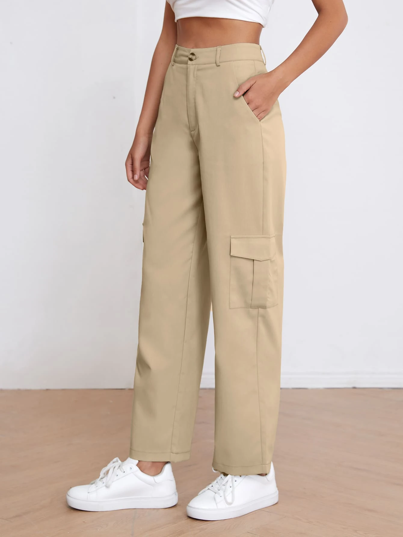 High Waist Solid Cargo Pants - Apricot - View 1