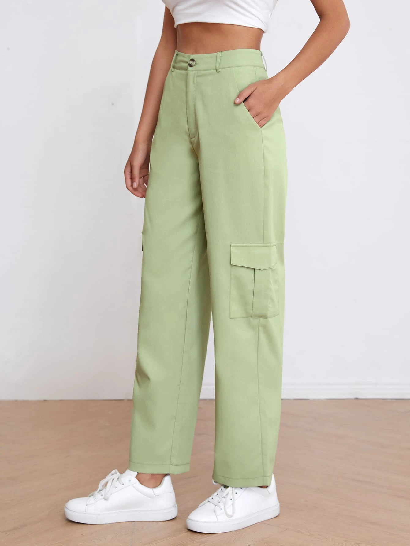 High Waist Solid Cargo Pants