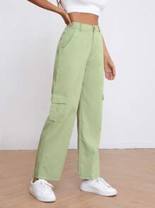 High Waist Solid Cargo Pants