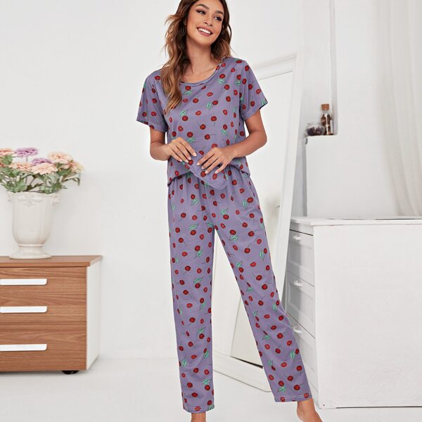 

Cherry Print Pajama Set & Eye Mask, Purple