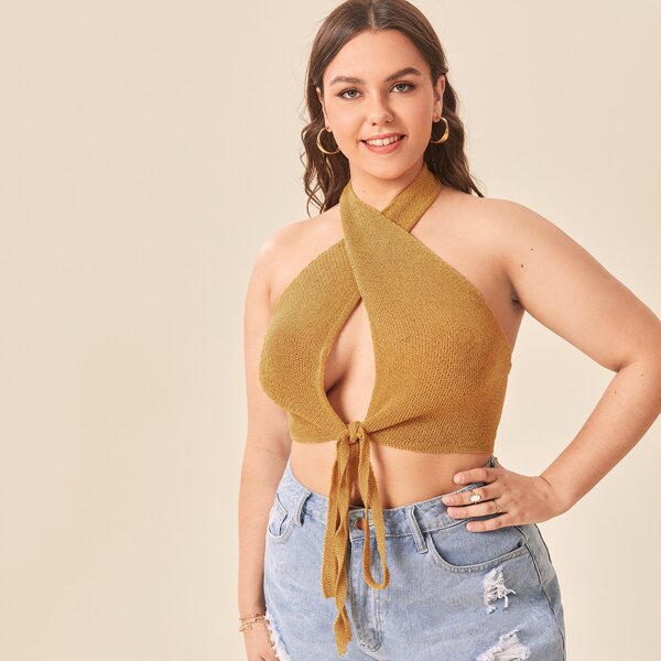 

Plus Backless Knot Front Halter Knit Top, Mustard yellow