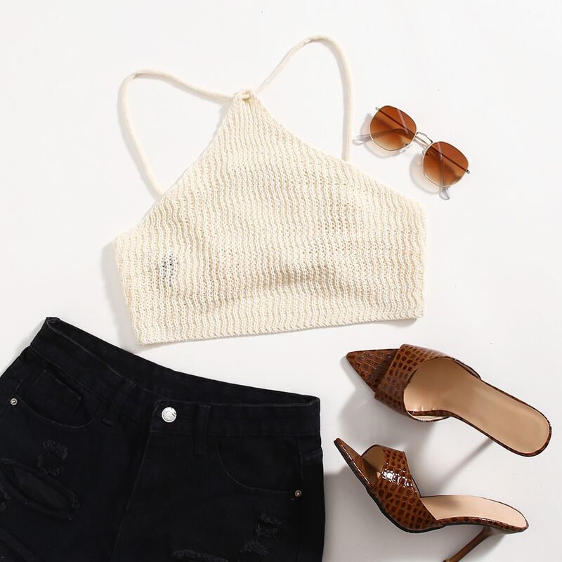 

Tie Backless Crop Knit Top, Beige