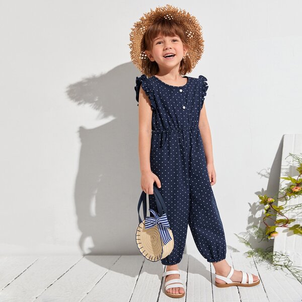 

Toddler Girls Polka Dot Ruffle Armhole Jumpsuit, Navy blue