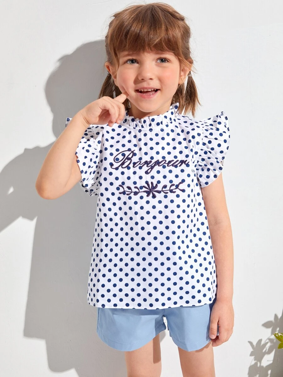 Top De Bordado De Letra Con Lunares Y Volantes Para Niñas Pequeñas - Multicolor - Ver 1