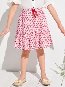 SHEIN 小女童小碎花結飾荷葉邊下擺半身裙