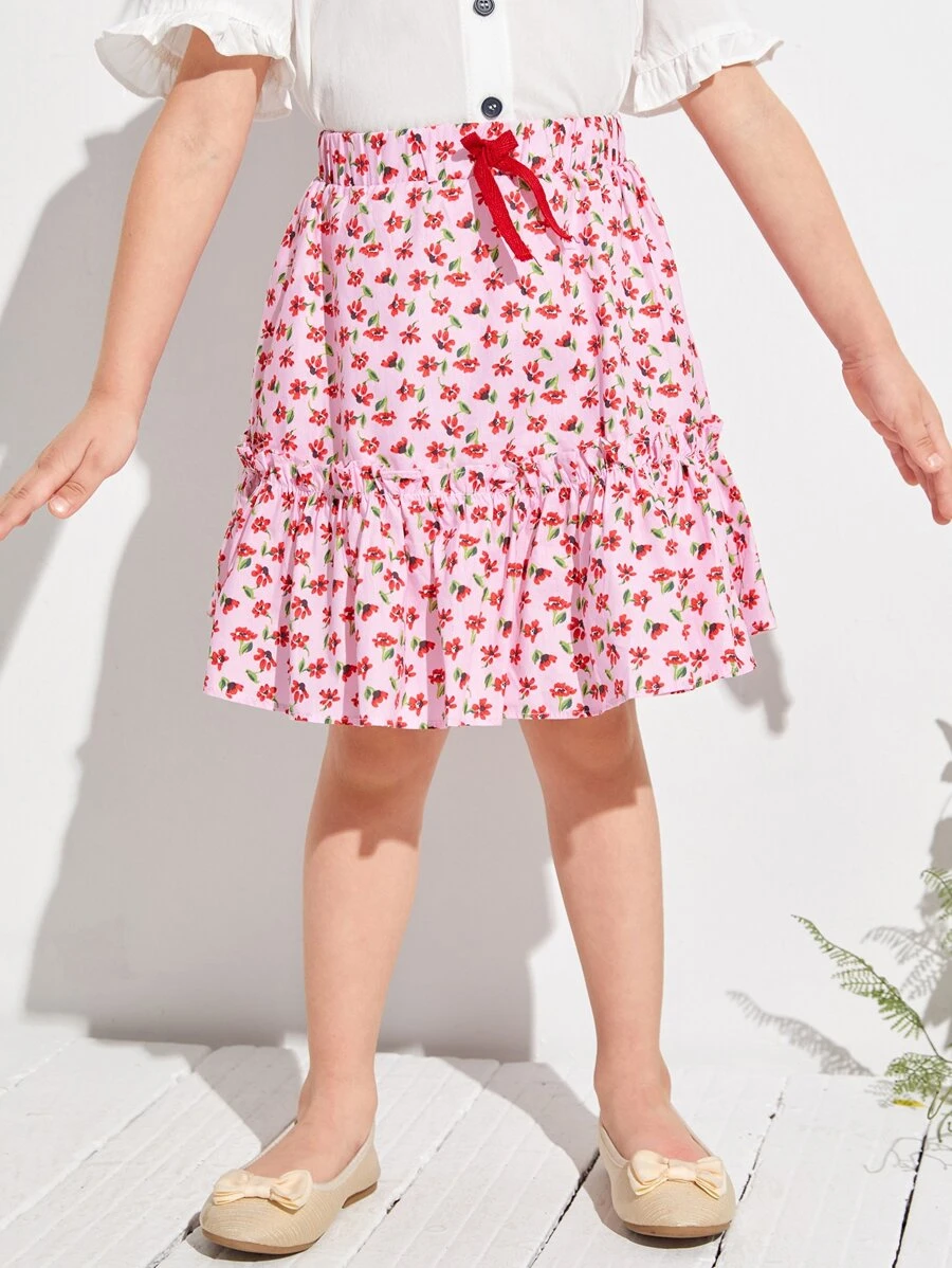 SHEIN 小女童小碎花結飾荷葉邊下擺半身裙