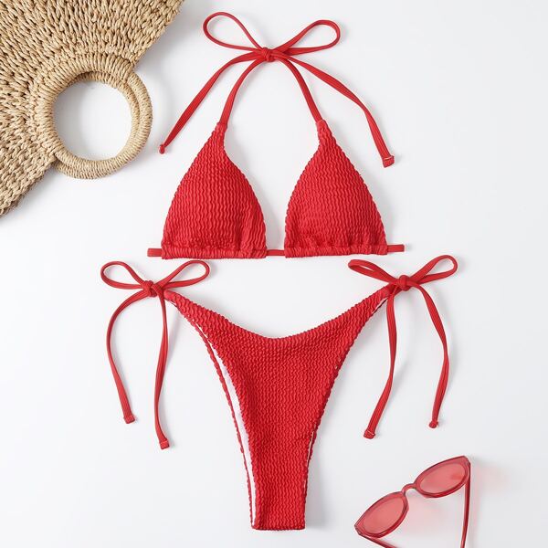 

Micro Triangle Halter Thong Bikini Swimsuit, Red