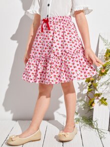 SHEIN 小女童小碎花結飾荷葉邊下擺半身裙