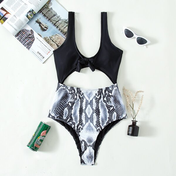 

Snakeskin Cut-out Knot One Piece Swimsuit, Multicolor