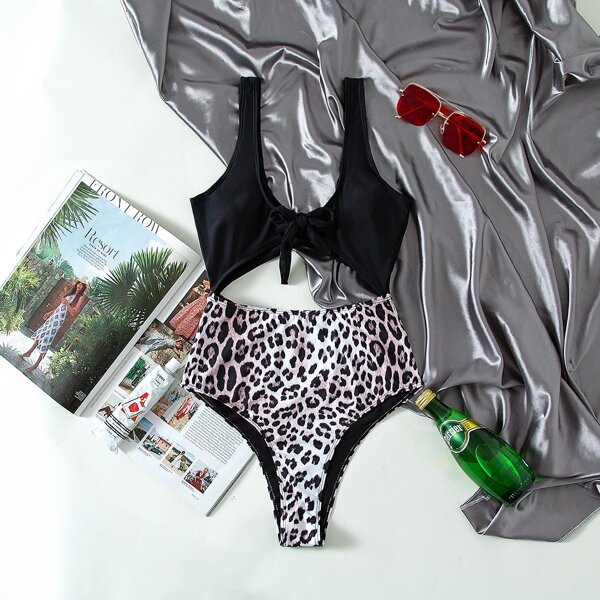 

Leopard Cut-out Knot One Piece Swimsuit, Multicolor