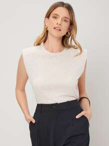 SHEIN Linen Shoulder Pad Tank Top - Beige - View 1