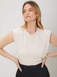 SHEIN Linen Shoulder Pad Tank Top - Beige - View 6