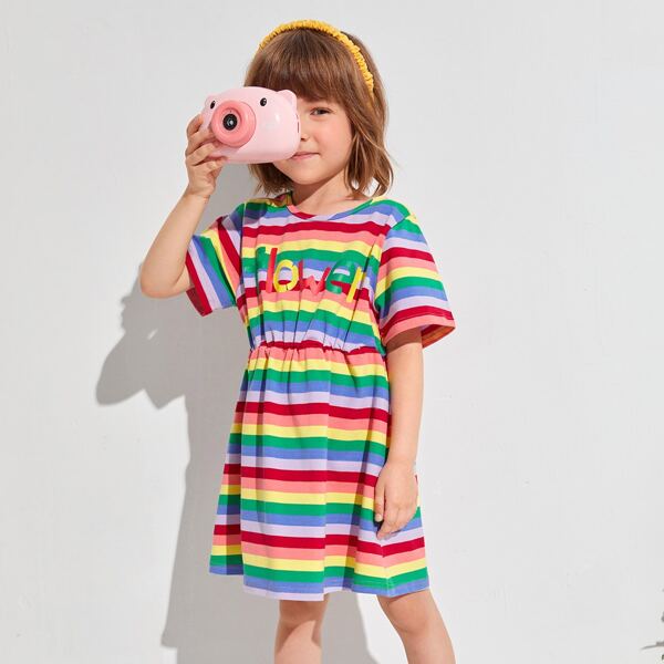 

Toddler Girls Letter Graphic Rainbow Striped Dress, Multicolor