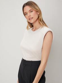 SHEIN Linen Shoulder Pad Tank Top - Beige - View 7