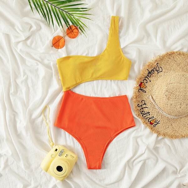 

Color Block Cut Out One Shoulder One Piece Swimsuit, Yellow