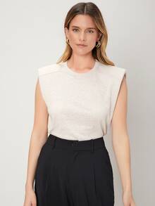 SHEIN Linen Shoulder Pad Tank Top - Beige - View 9