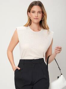 SHEIN Linen Shoulder Pad Tank Top - Beige - View 10