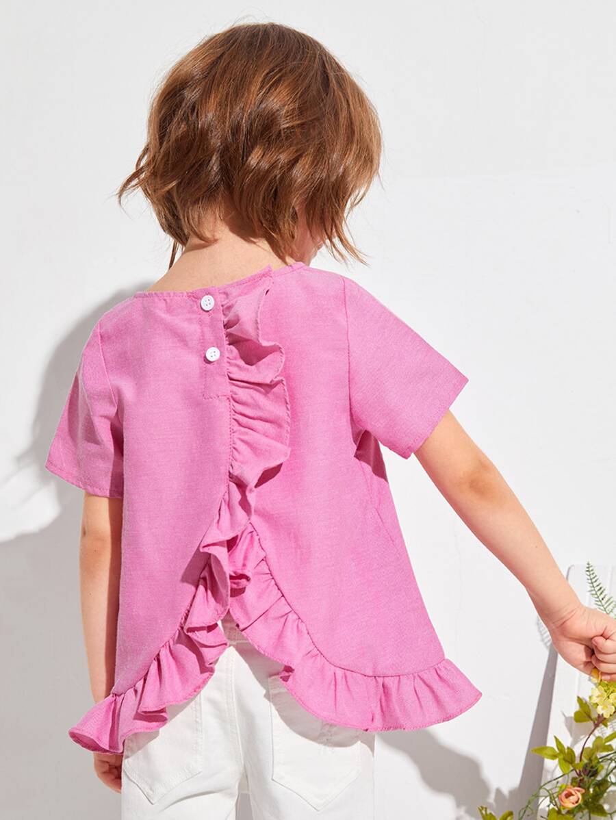 SHEIN Tops de niñitas Botón Liso Casual - Rosa Fucsia - Ver 1