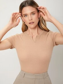 MOTF PREMIUM Áo thun Gân đan màu trơn Giải trí - Màu be - Xem 5