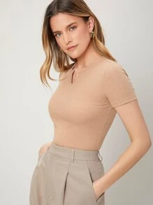 MOTF PREMIUM Áo thun Gân đan màu trơn Giải trí - Màu be - Xem 8