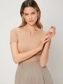 MOTF PREMIUM Áo thun Gân đan màu trơn Giải trí - Màu be - Xem 9