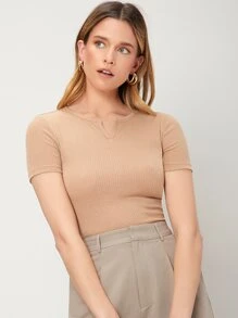 MOTF PREMIUM Áo thun Gân đan màu trơn Giải trí - Màu be - Xem 10